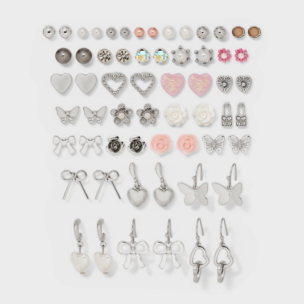 Wild Fable 29 Pair Earring Set Hearts Flowers Butterflies Pink Silver Studs NWT